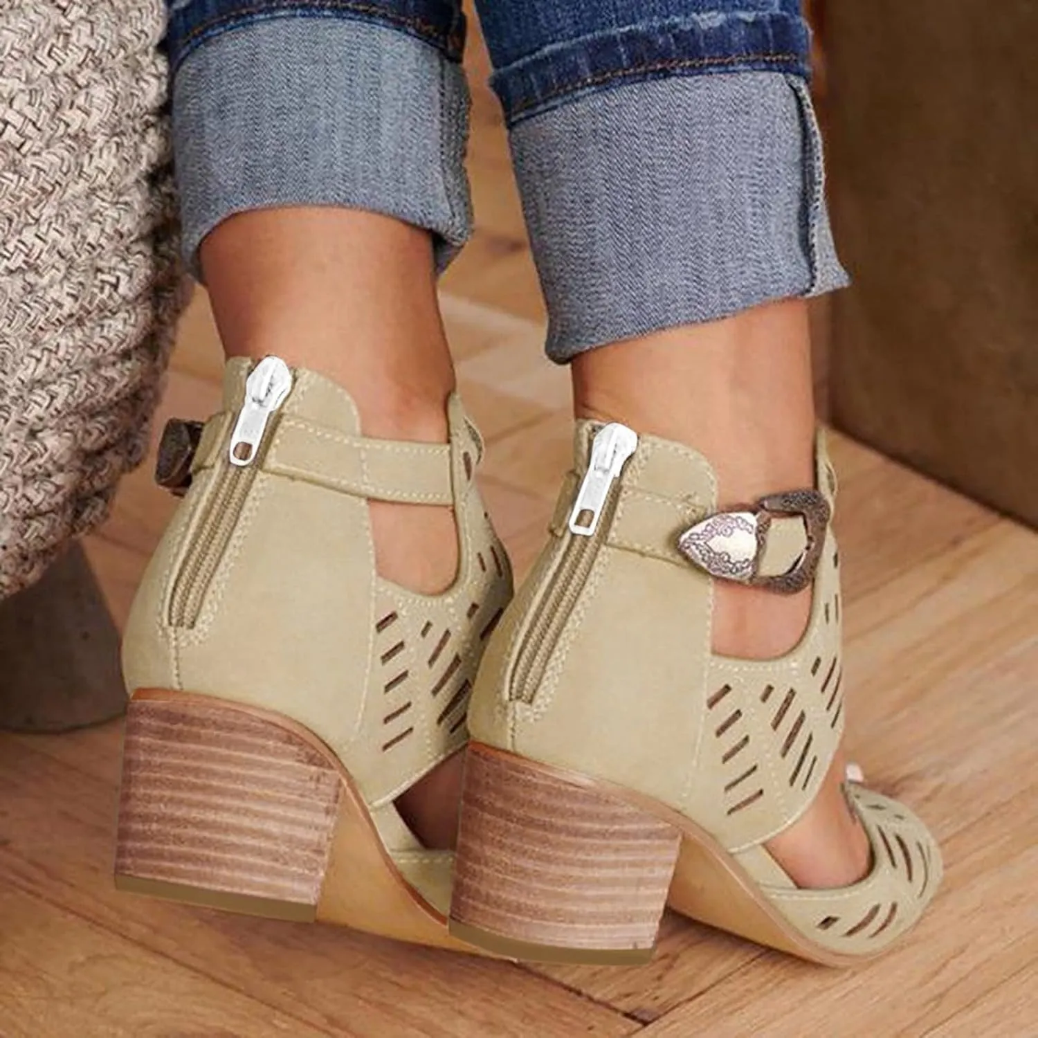 Shoes for Women Dressy, Womens Sandals Suede Peep Toe Ankle Booties Cut Out Stacked Block Heel Ankle Boots