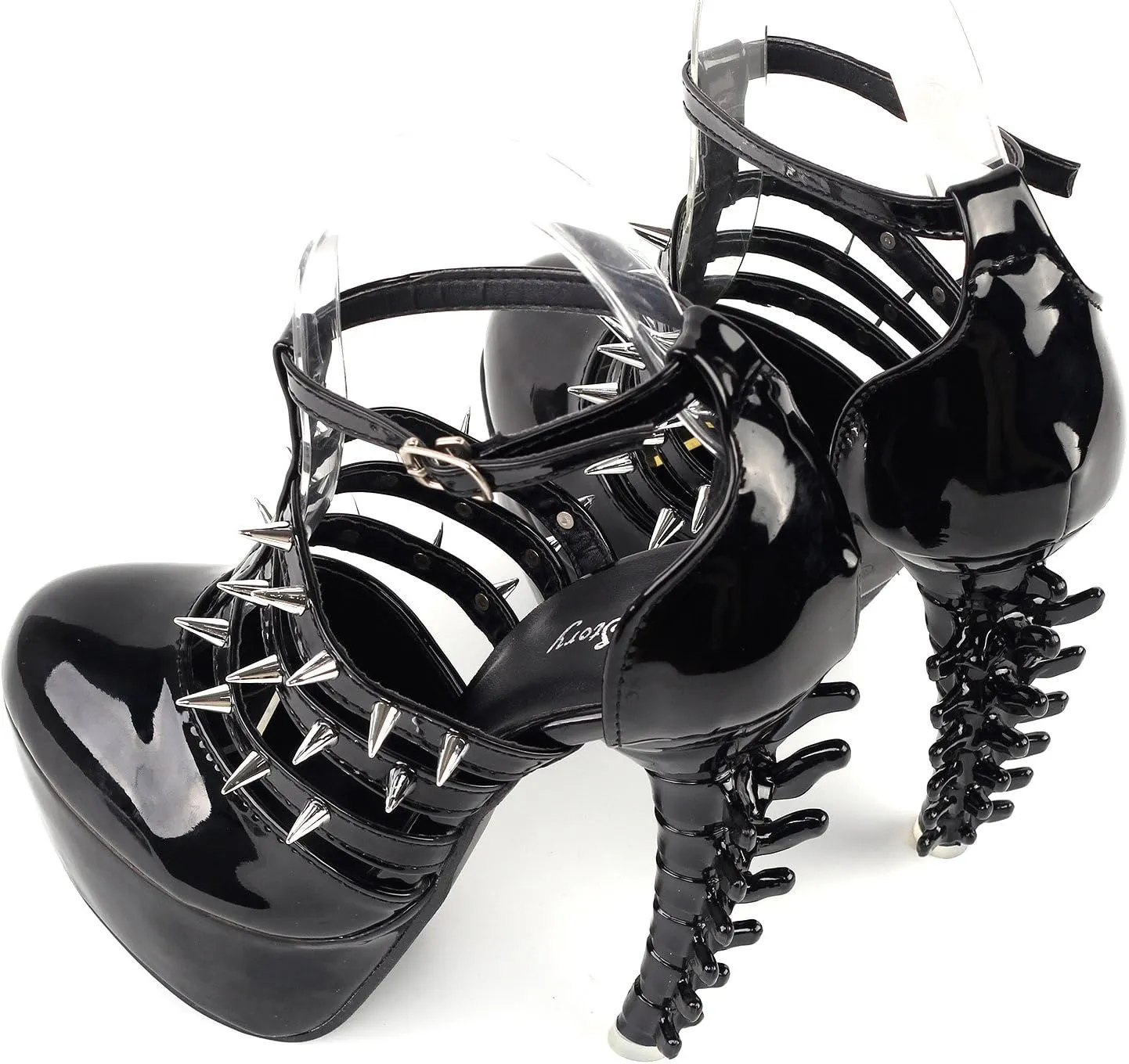 SHOW STORY Punk Black T Strappy Spike Platform Bone Heel Club Sandals,LF80644