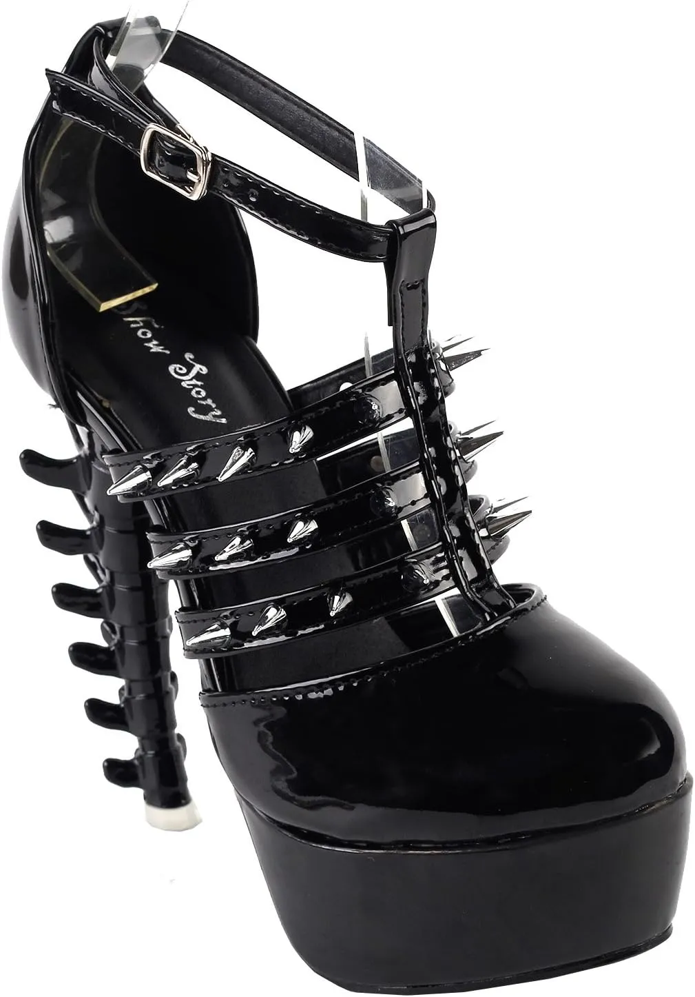 SHOW STORY Punk Black T Strappy Spike Platform Bone Heel Club Sandals,LF80644