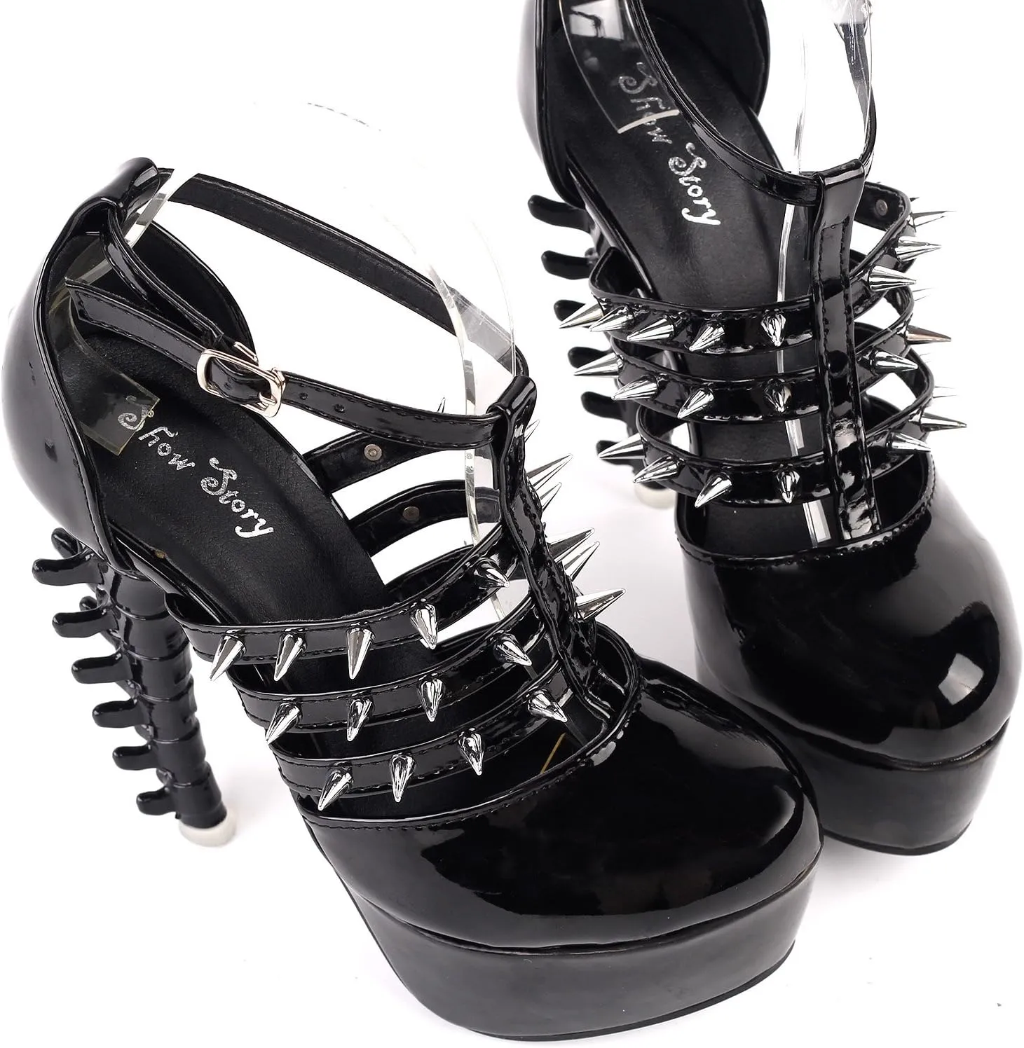SHOW STORY Punk Black T Strappy Spike Platform Bone Heel Club Sandals,LF80644