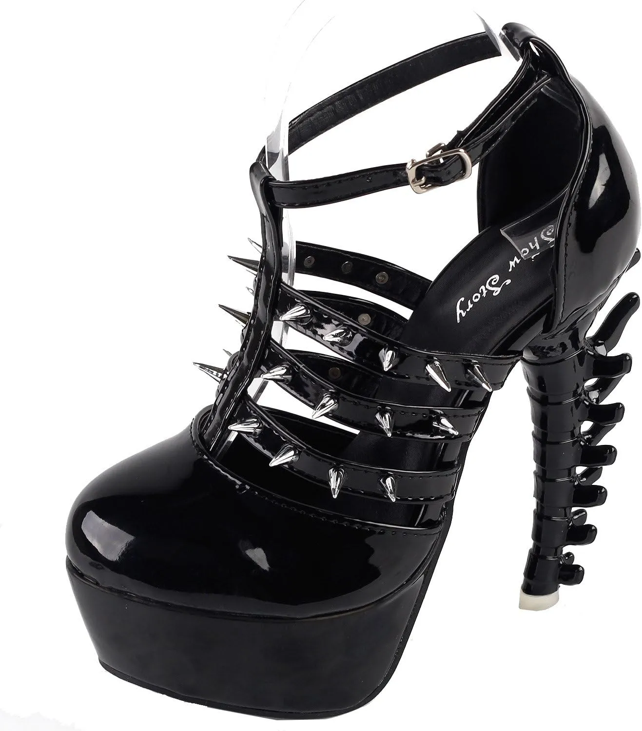 SHOW STORY Punk Black T Strappy Spike Platform Bone Heel Club Sandals,LF80644