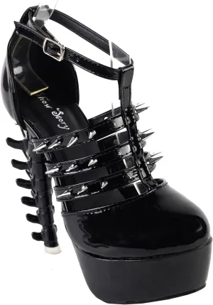 SHOW STORY Punk Black T Strappy Spike Platform Bone Heel Club Sandals,LF80644