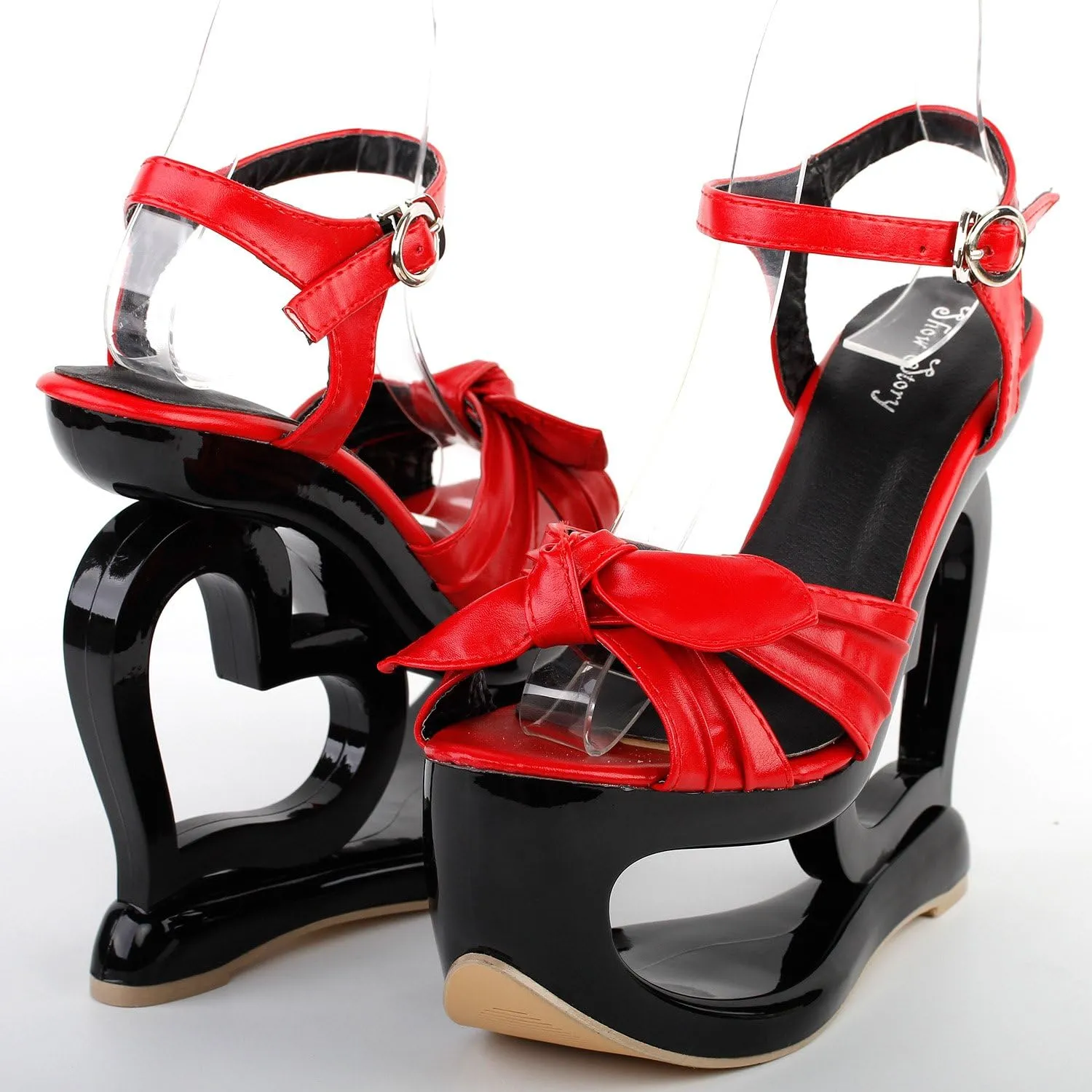 SHOW STORY Sexy Black Red Criss Cross Heart Heel Wedge Party Sandals,LF40208