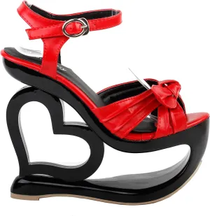SHOW STORY Sexy Black Red Criss Cross Heart Heel Wedge Party Sandals,LF40208