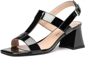 SHOWFOREST Women's Evening Slingback Patent Square Open Toe Solid Dress Chunky Mid Heel Heeled Sandals 2.5 Inch