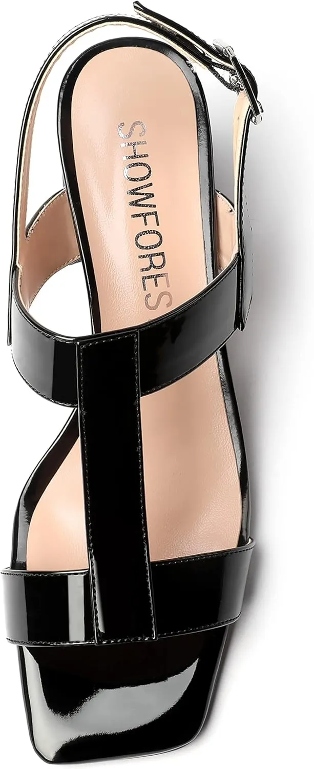 SHOWFOREST Women's Evening Slingback Patent Square Open Toe Solid Dress Chunky Mid Heel Heeled Sandals 2.5 Inch
