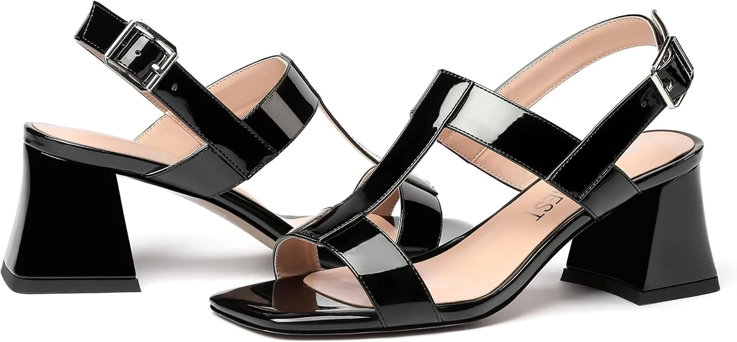 SHOWFOREST Women's Evening Slingback Patent Square Open Toe Solid Dress Chunky Mid Heel Heeled Sandals 2.5 Inch