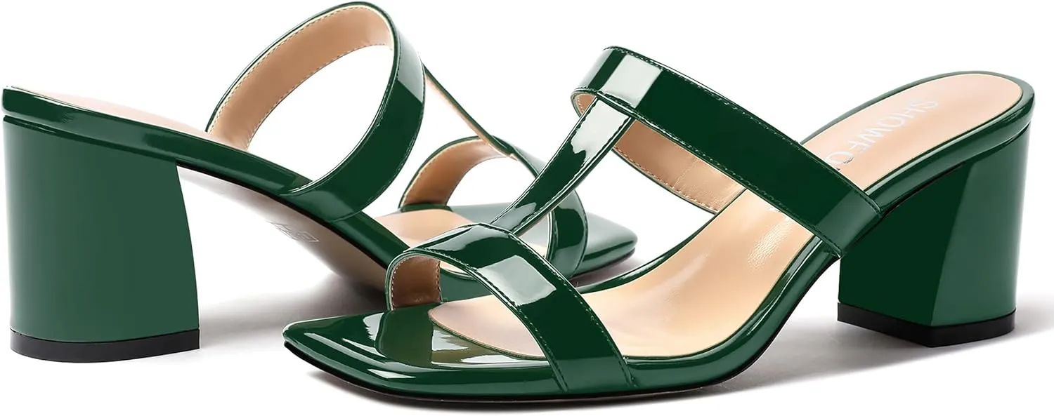 SHOWFOREST Women's Square Toe Patent Slip On Casual Chunky Mid Heel Heeled Sandals 2.5 Inch
