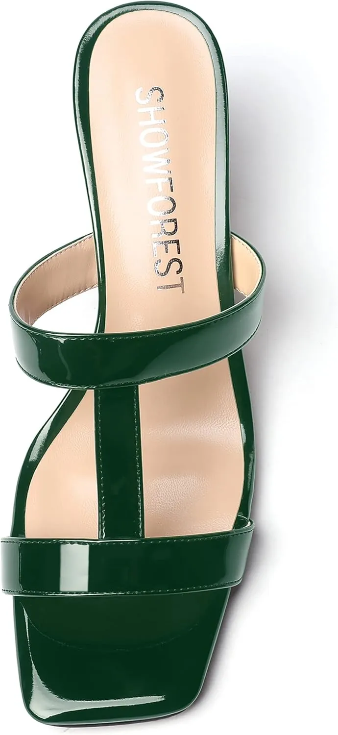 SHOWFOREST Women's Square Toe Patent Slip On Casual Chunky Mid Heel Heeled Sandals 2.5 Inch
