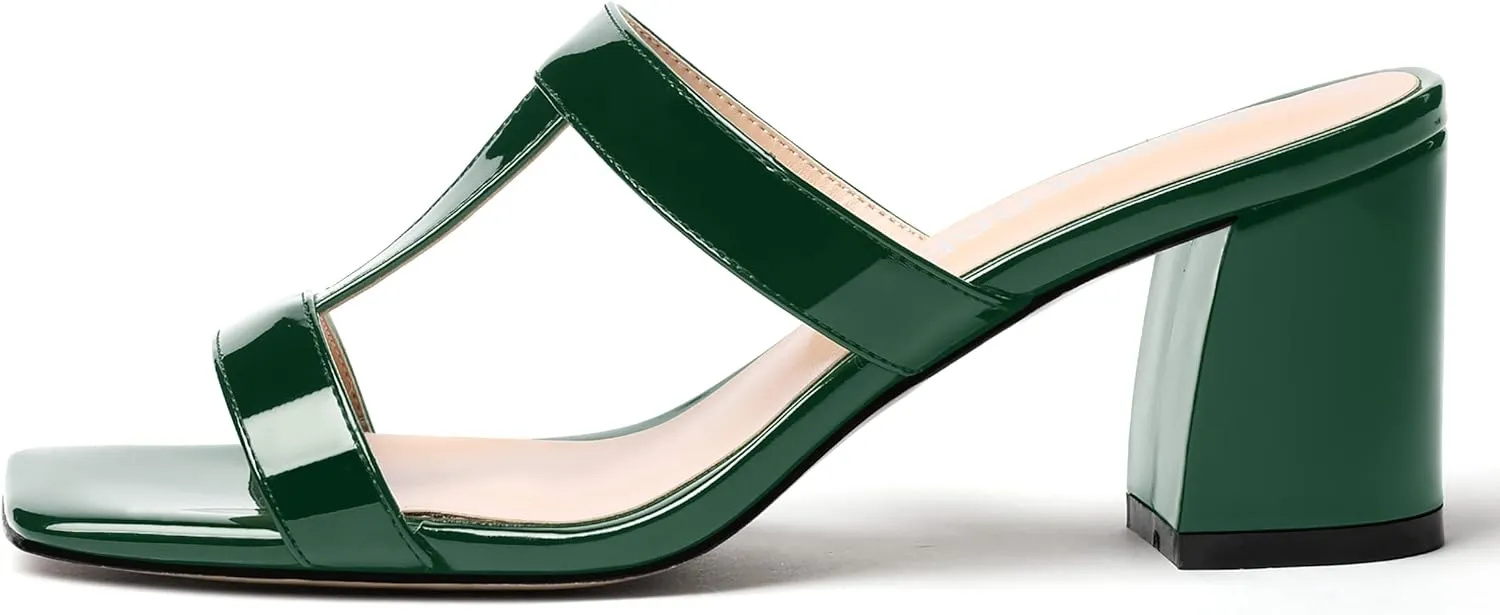 SHOWFOREST Women's Square Toe Patent Slip On Casual Chunky Mid Heel Heeled Sandals 2.5 Inch