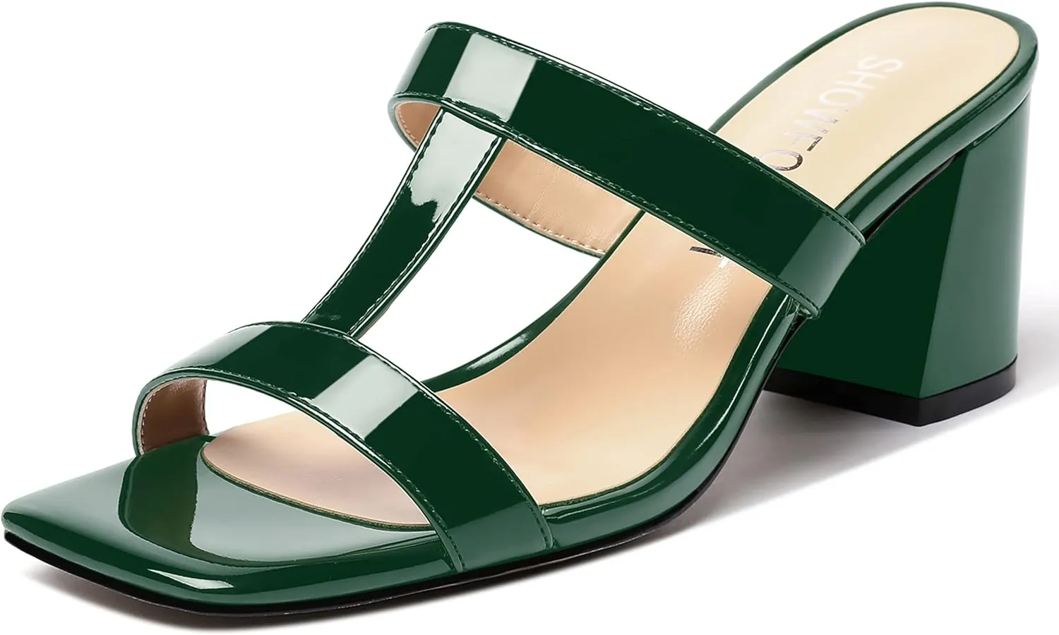 SHOWFOREST Women's Square Toe Patent Slip On Casual Chunky Mid Heel Heeled Sandals 2.5 Inch