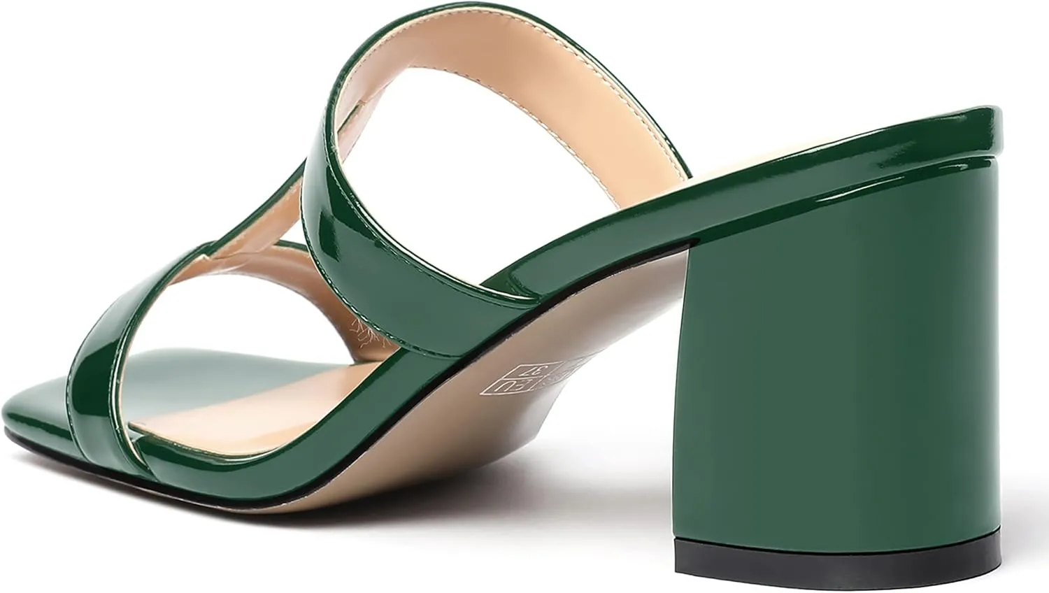 SHOWFOREST Women's Square Toe Patent Slip On Casual Chunky Mid Heel Heeled Sandals 2.5 Inch