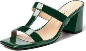 SHOWFOREST Women's Square Toe Patent Slip On Casual Chunky Mid Heel Heeled Sandals 2.5 Inch