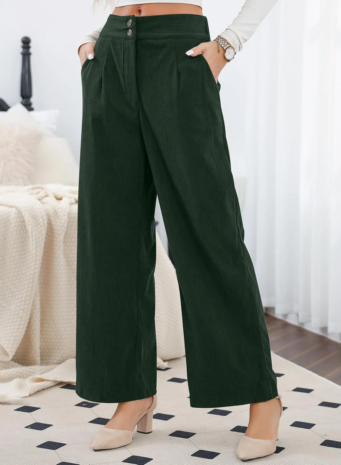 Sidefeel Corduroy Pants for Women 2024 Casual High Waisted Double Buttoned Stretchy Loose Fit Wide Leg Pants with Pockets
