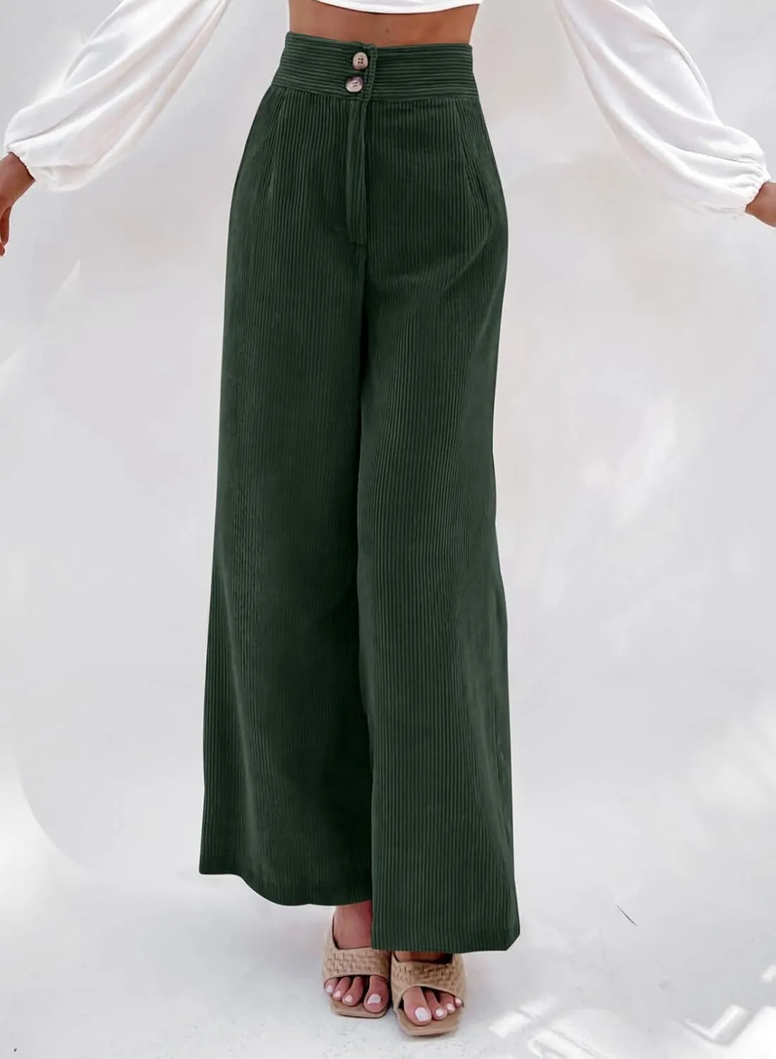 Sidefeel Corduroy Pants for Women 2024 Casual High Waisted Double Buttoned Stretchy Loose Fit Wide Leg Pants with Pockets