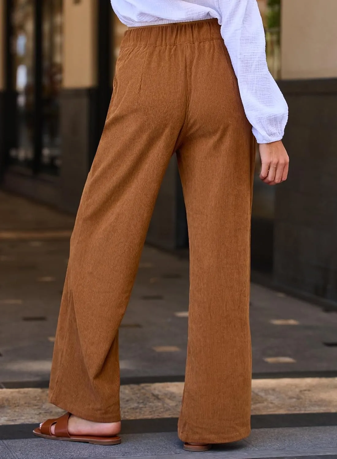 Sidefeel Corduroy Pants for Women 2024 Casual High Waisted Double Buttoned Stretchy Loose Fit Wide Leg Pants with Pockets