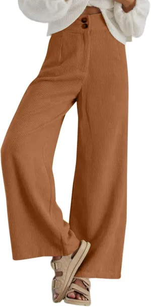 Sidefeel Corduroy Pants for Women 2024 Casual High Waisted Double Buttoned Stretchy Loose Fit Wide Leg Pants with Pockets