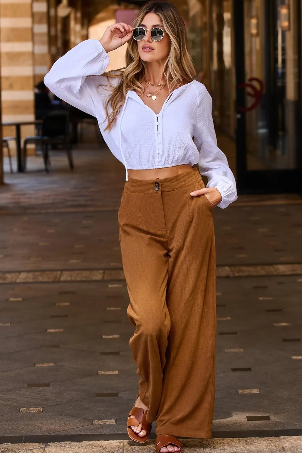 Sidefeel Corduroy Pants for Women 2024 Casual High Waisted Double Buttoned Stretchy Loose Fit Wide Leg Pants with Pockets