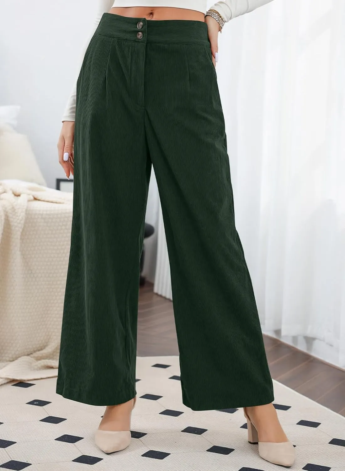 Sidefeel Corduroy Pants for Women 2024 Casual High Waisted Double Buttoned Stretchy Loose Fit Wide Leg Pants with Pockets