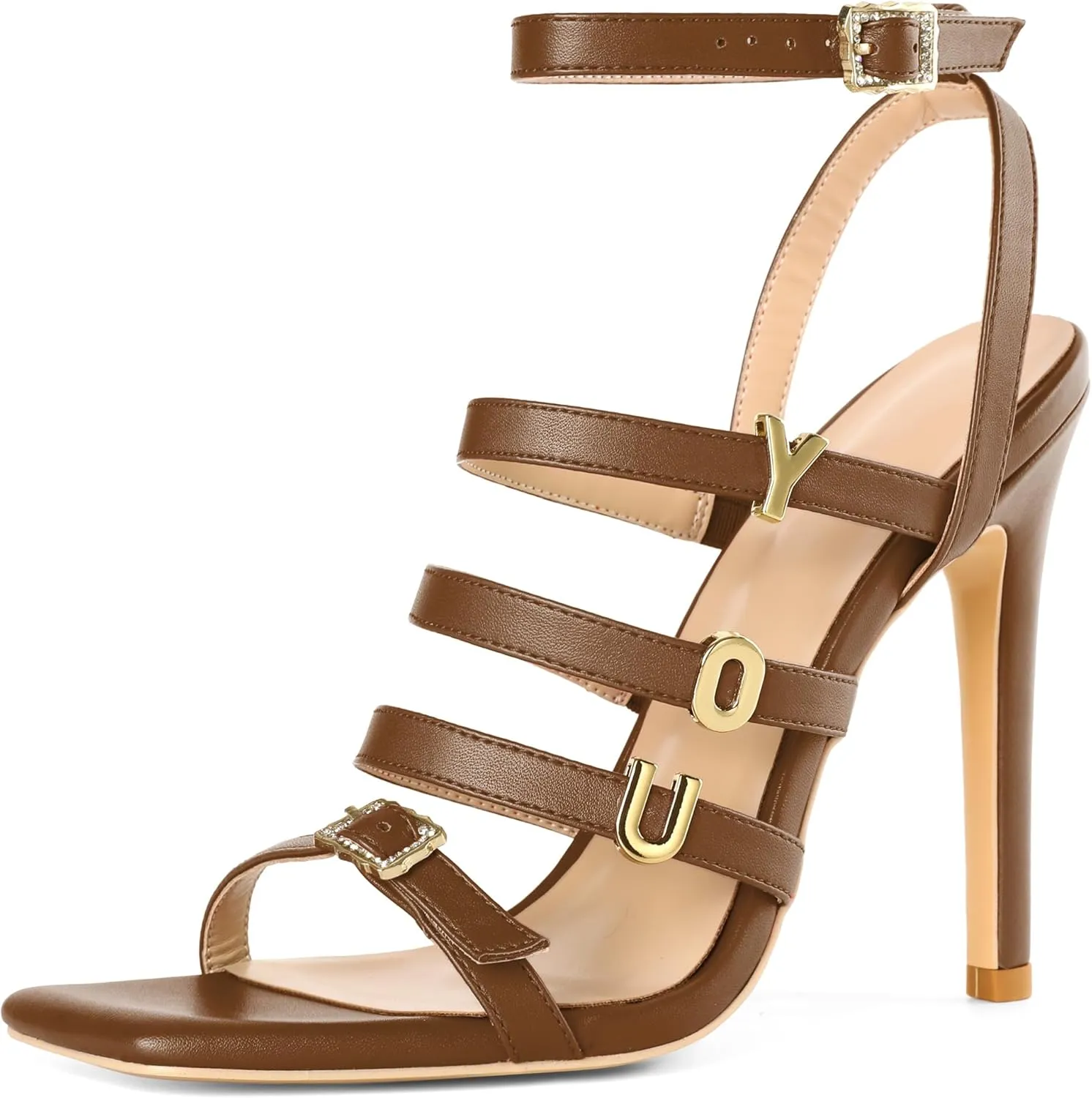 Soireelady Womens High Heel Sandals, Ankle Strap Open Toe Heels, Square Toe Stiletto Strappy Heeled Sandals 4 Inch Prom Party