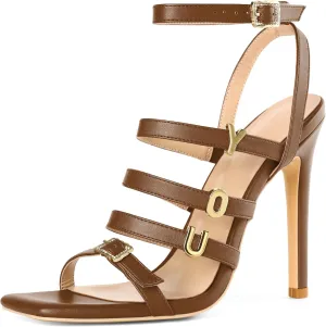 Soireelady Womens High Heel Sandals, Ankle Strap Open Toe Heels, Square Toe Stiletto Strappy Heeled Sandals 4 Inch Prom Party