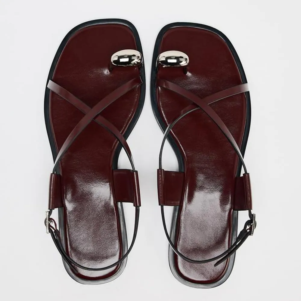 Strappy Flat Sandals for Women Open Square Toe Silver Ball Flip Flop Sandal with Ankle Buckle Summer Beach Gladiator Shoes