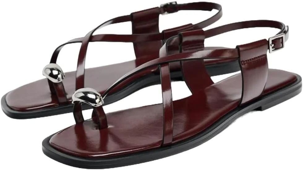 Strappy Flat Sandals for Women Open Square Toe Silver Ball Flip Flop Sandal with Ankle Buckle Summer Beach Gladiator Shoes