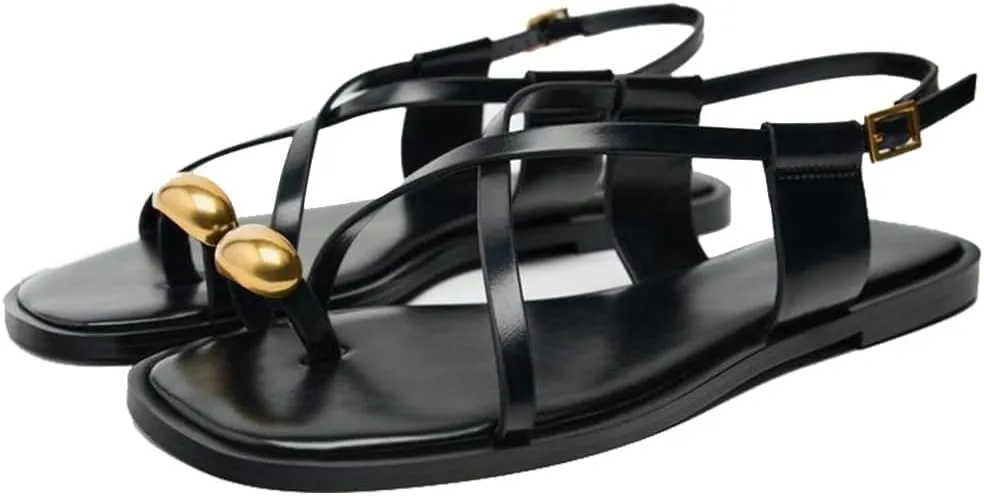 Strappy Flat Sandals for Women Open Square Toe Silver Ball Flip Flop Sandal with Ankle Buckle Summer Beach Gladiator Shoes