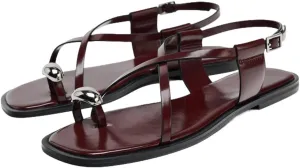 Strappy Flat Sandals for Women Open Square Toe Silver Ball Flip Flop Sandal with Ankle Buckle Summer Beach Gladiator Shoes