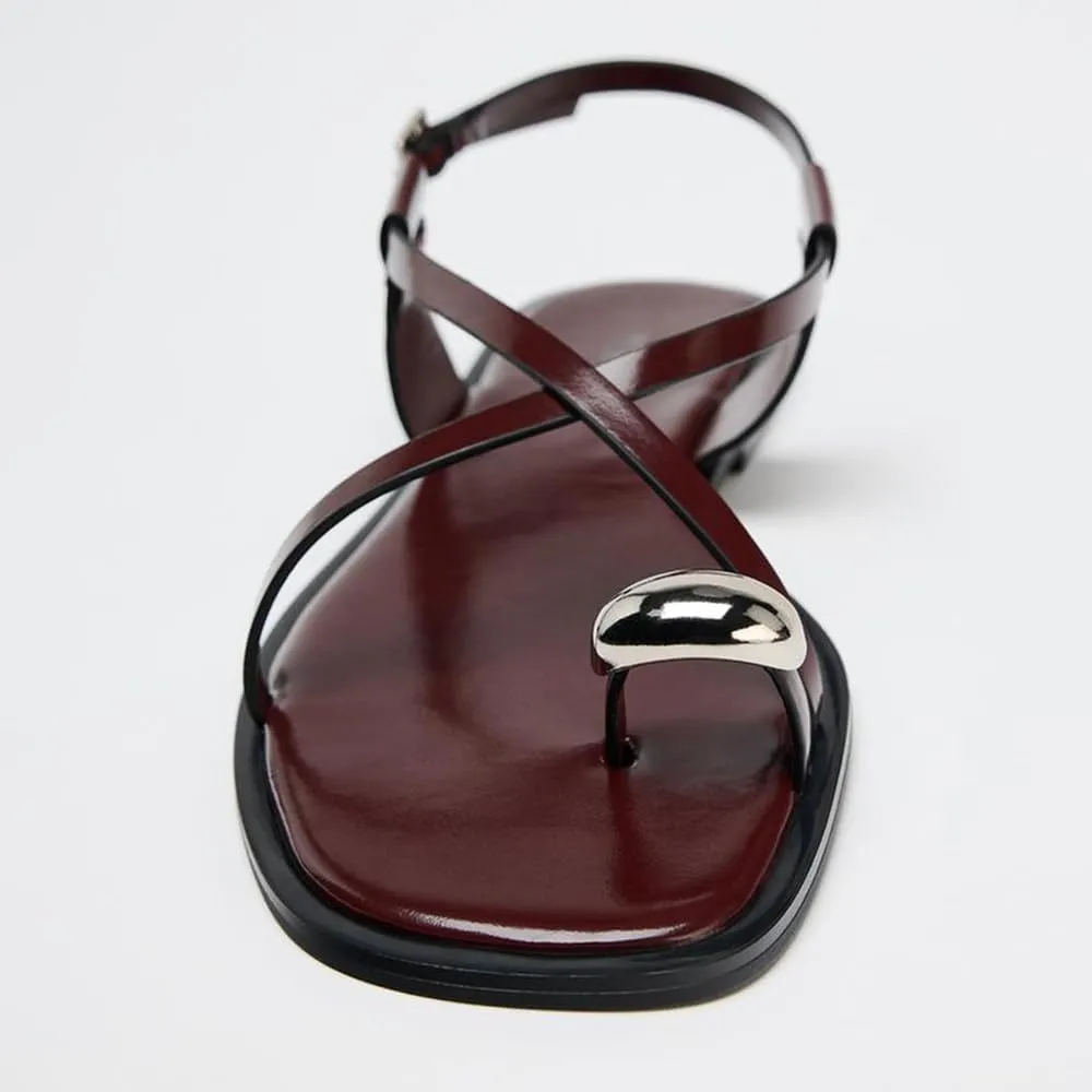 Strappy Flat Sandals for Women Open Square Toe Silver Ball Flip Flop Sandal with Ankle Buckle Summer Beach Gladiator Shoes