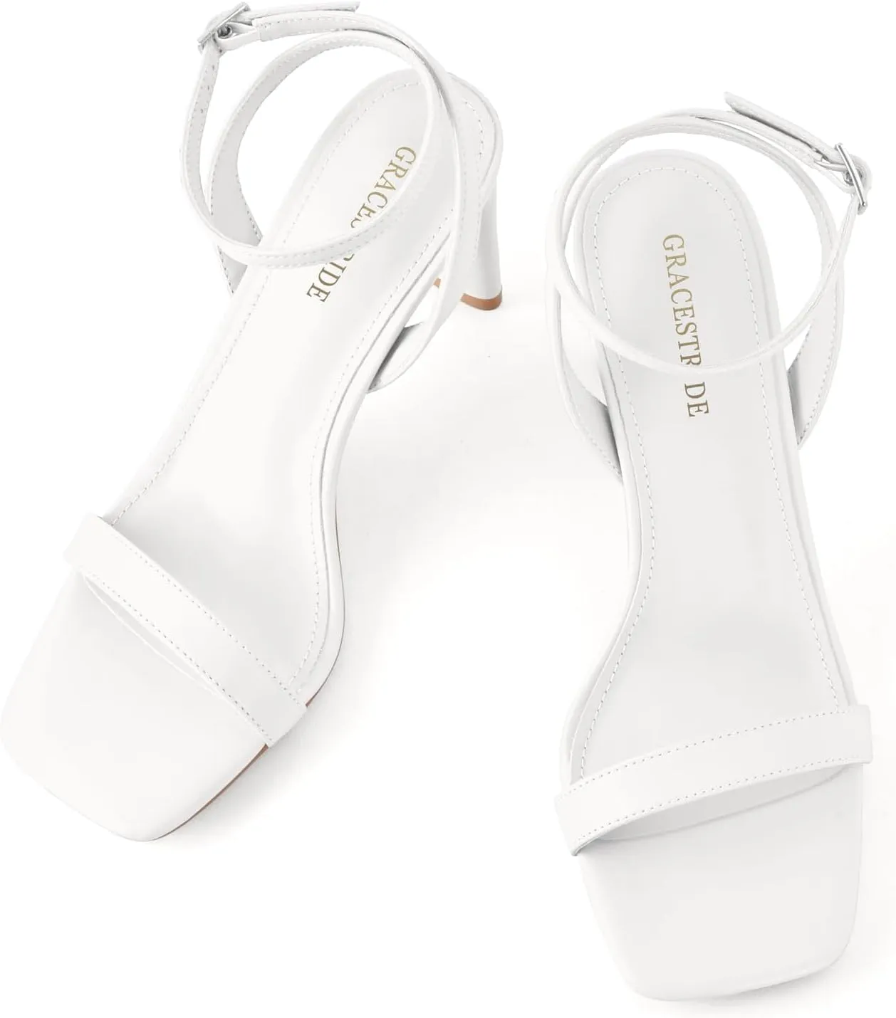 Strappy Heels for Women Block Chunky High Heels Square Toe Ankle Buckle Sandals