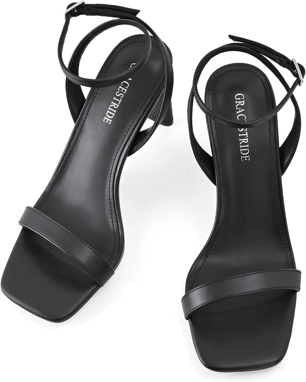 Strappy Heels for Women Block Chunky High Heels Square Toe Ankle Buckle Sandals