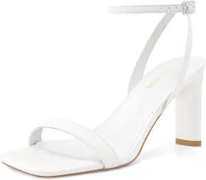Strappy Heels for Women Block Chunky High Heels Square Toe Ankle Buckle Sandals