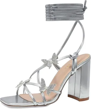Strappy Heels for Women Sexy Lace Up Chunky High Heels Sandals Square Open Toe Heels with Bow White Black Gold Silver Tie Up Block Heels for Party, Prom, Evening,Silve,Size 8