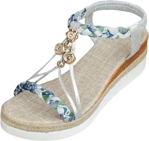 SuanlaTDS Espadrille Wedge Sandals for Women 2025 Dressy Summer Elastic Ankle Strap Slip On Slides Open Toe Slip-On High Heels Sandal Casual Walking T-Strap Boho Comfortable Beach Shoes