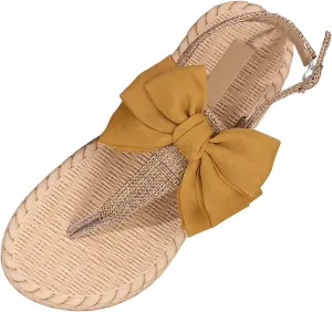 SuanlaTDS Summer Beach Sandals for Women Dressy 2025 Flat Bow T-strap Thong Slip-on Flip Flops with Back Strap Comfortable Casual Walking Bohemian Open Toe Low Heel Party Outdoor Sandal
