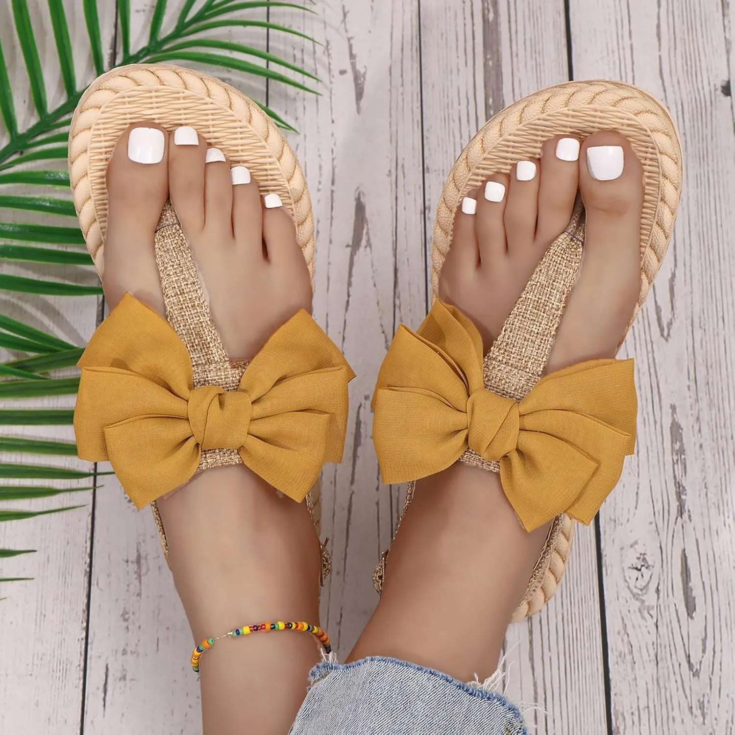 SuanlaTDS Summer Beach Sandals for Women Dressy 2025 Flat Bow T-strap Thong Slip-on Flip Flops with Back Strap Comfortable Casual Walking Bohemian Open Toe Low Heel Party Outdoor Sandal