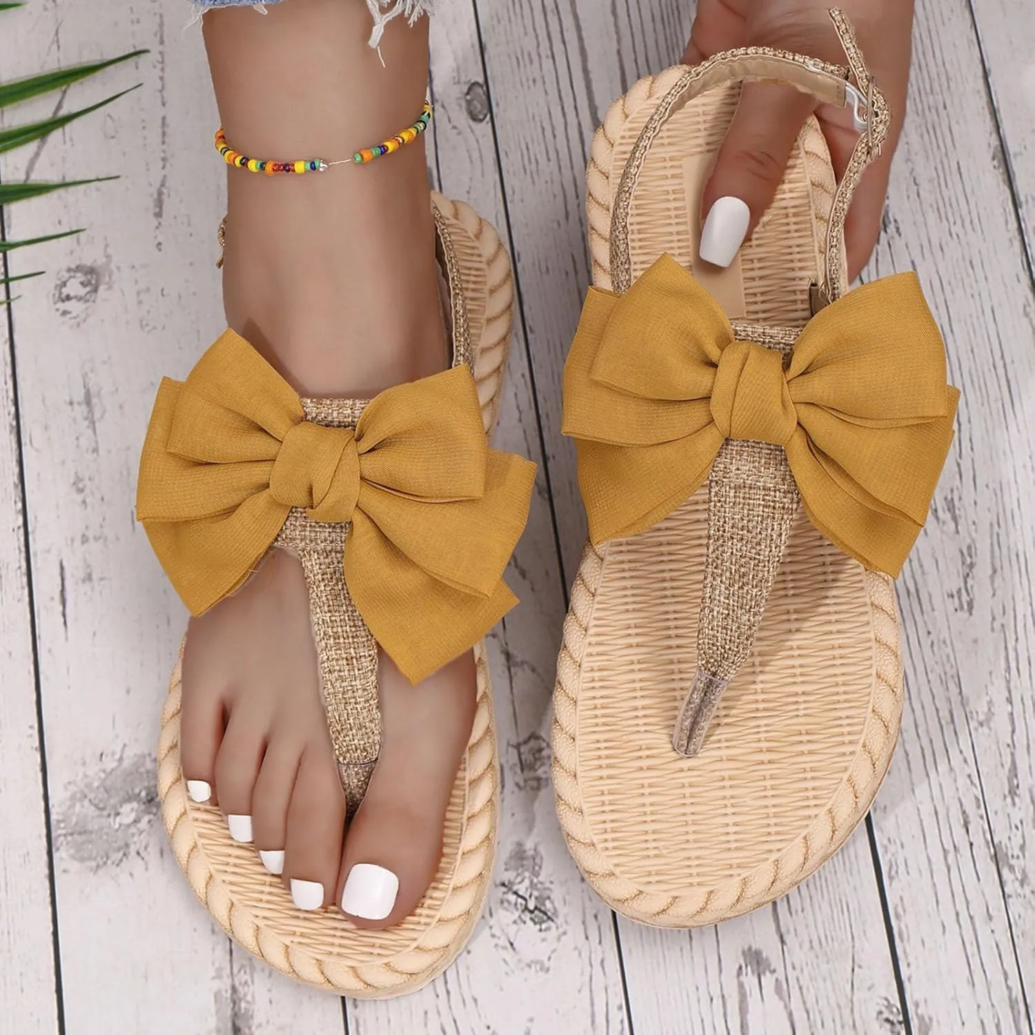 SuanlaTDS Summer Beach Sandals for Women Dressy 2025 Flat Bow T-strap Thong Slip-on Flip Flops with Back Strap Comfortable Casual Walking Bohemian Open Toe Low Heel Party Outdoor Sandal