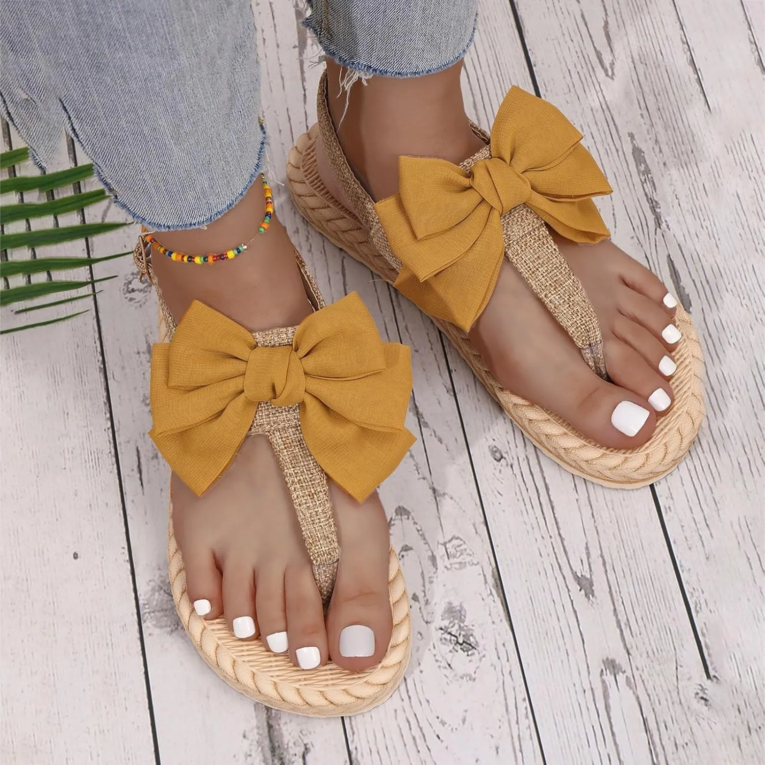 SuanlaTDS Summer Beach Sandals for Women Dressy 2025 Flat Bow T-strap Thong Slip-on Flip Flops with Back Strap Comfortable Casual Walking Bohemian Open Toe Low Heel Party Outdoor Sandal