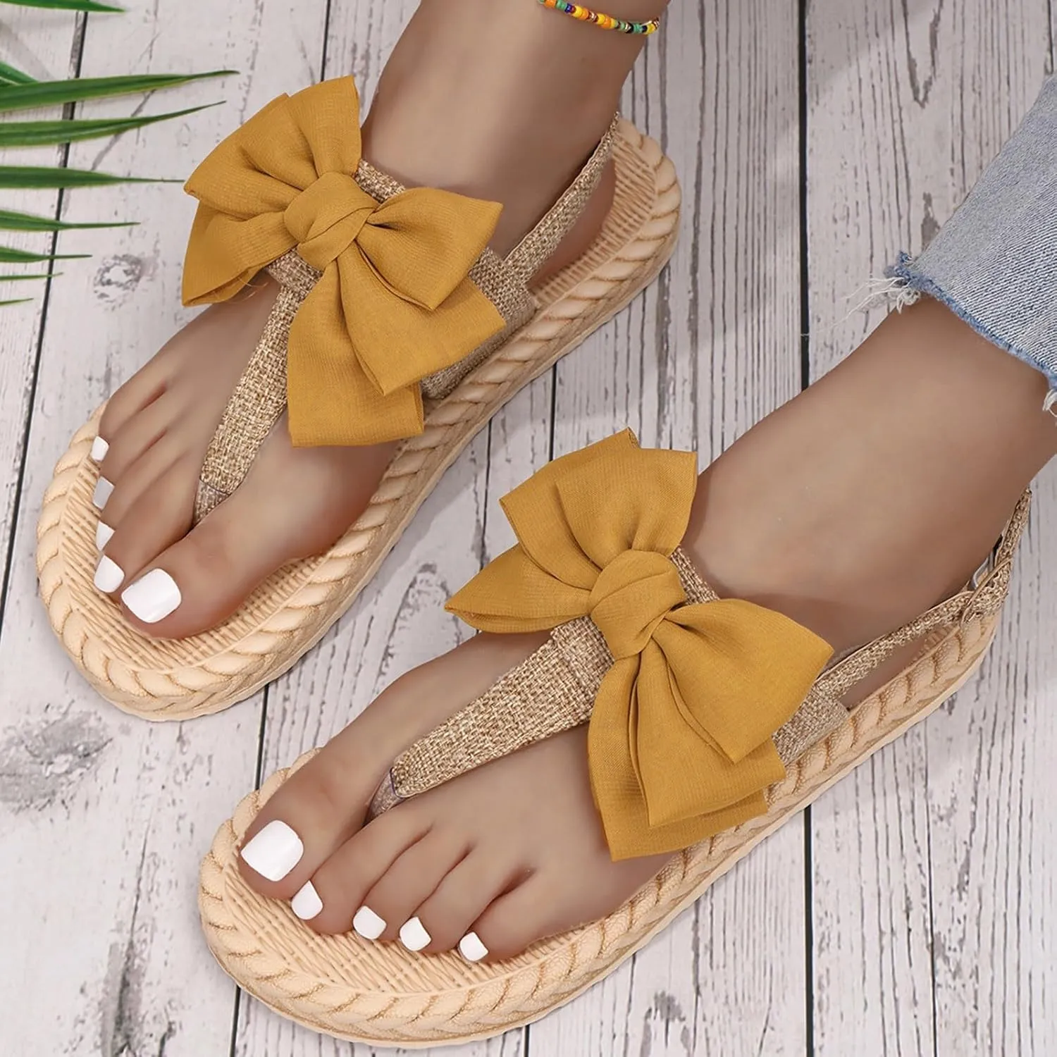SuanlaTDS Summer Beach Sandals for Women Dressy 2025 Flat Bow T-strap Thong Slip-on Flip Flops with Back Strap Comfortable Casual Walking Bohemian Open Toe Low Heel Party Outdoor Sandal