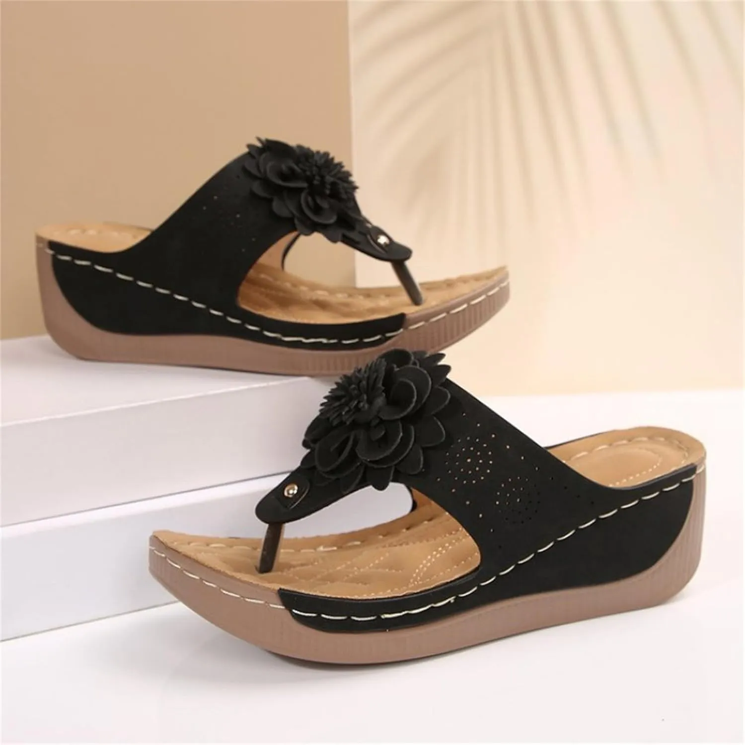 Summer Flip Flops for Women Comfort Cut-Out Vamp Open Toe Wedge Slide Sandals Breathable Slip On Orthopedic Sandals Casual Lightweight Flip Flops with Arch Support