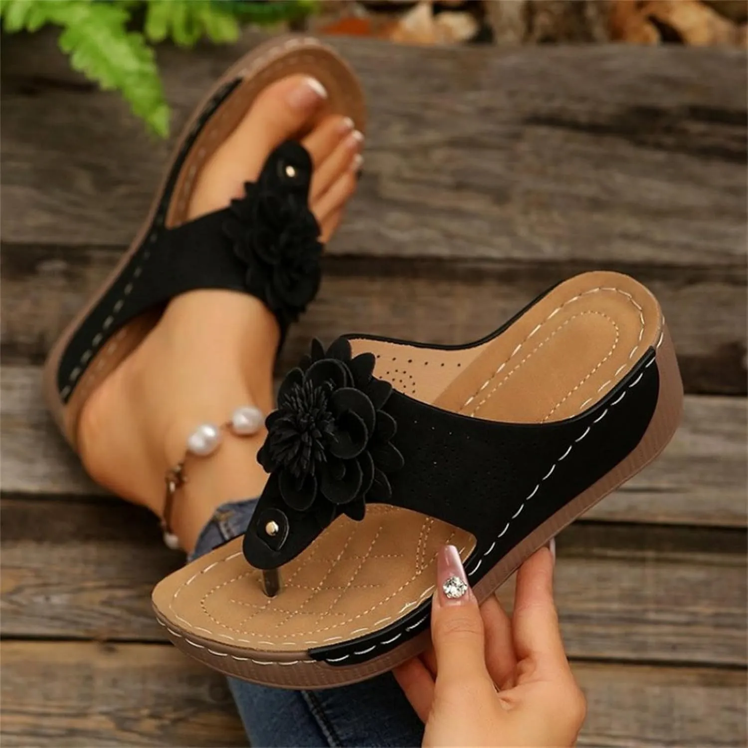Summer Flip Flops for Women Comfort Cut-Out Vamp Open Toe Wedge Slide Sandals Breathable Slip On Orthopedic Sandals Casual Lightweight Flip Flops with Arch Support
