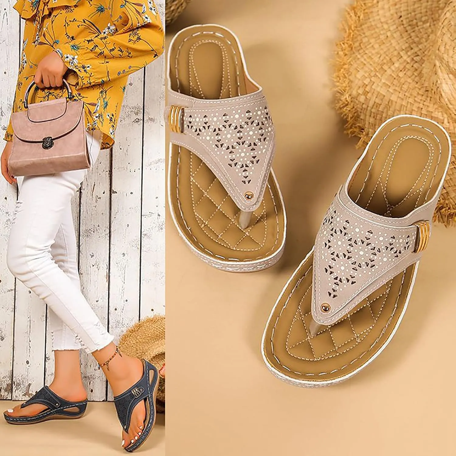Summer Sandals for Women 2025 Trendy Flat Open Toe Platform Sandals Casual Arch Support Wedge Flip Flops Slip on Slippers for Office Espadrilles Orthopedic Comfortable Sandals