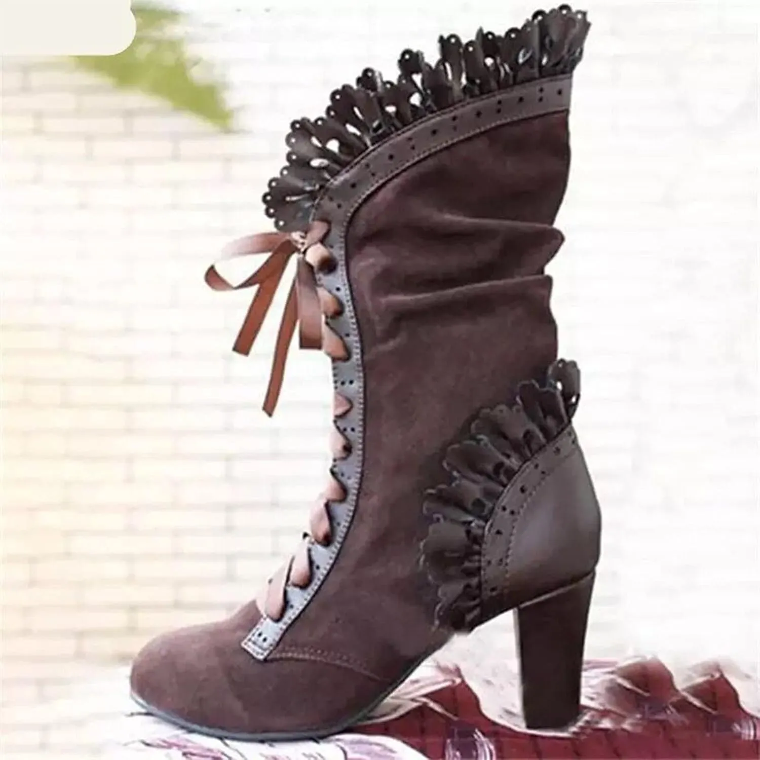 Summer Sandals For Women Velvet Leather Lace Trim Strappy Lolita Autumn Winter Ankle Boots High Block Chunky Heel
