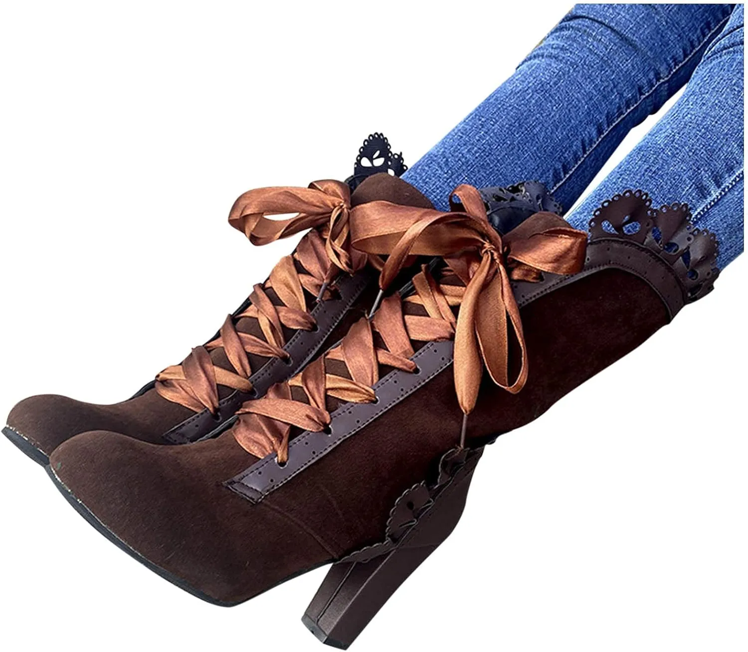 Summer Sandals For Women Velvet Leather Lace Trim Strappy Lolita Autumn Winter Ankle Boots High Block Chunky Heel