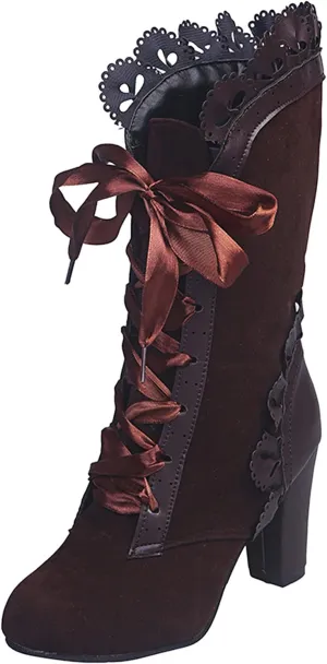 Summer Sandals For Women Velvet Leather Lace Trim Strappy Lolita Autumn Winter Ankle Boots High Block Chunky Heel