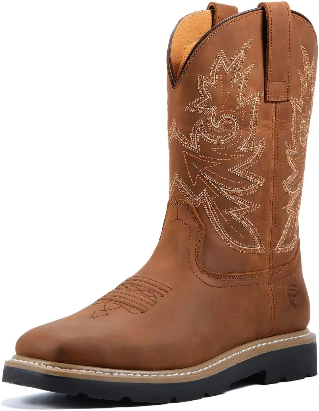SUREWAY Men's Western Cowboy Boots-Soft Toe,Waterproof Square Toe Work Boots for Men,Comfortable & Durable,Oil/Slip Resistant,Thicker Leather,Rubber Sole,Work Shoes With Embroidered