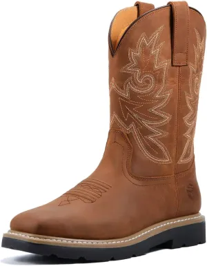 SUREWAY Men's Western Cowboy Boots-Soft Toe,Waterproof Square Toe Work Boots for Men,Comfortable & Durable,Oil/Slip Resistant,Thicker Leather,Rubber Sole,Work Shoes With Embroidered