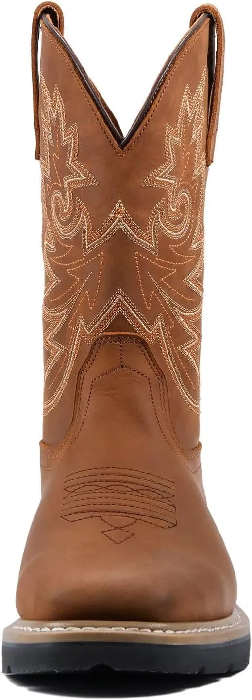 SUREWAY Men's Western Cowboy Boots-Soft Toe,Waterproof Square Toe Work Boots for Men,Comfortable & Durable,Oil/Slip Resistant,Thicker Leather,Rubber Sole,Work Shoes With Embroidered
