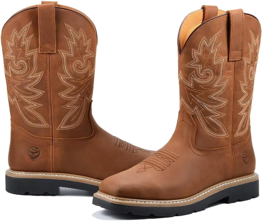 SUREWAY Men's Western Cowboy Boots-Soft Toe,Waterproof Square Toe Work Boots for Men,Comfortable & Durable,Oil/Slip Resistant,Thicker Leather,Rubber Sole,Work Shoes With Embroidered